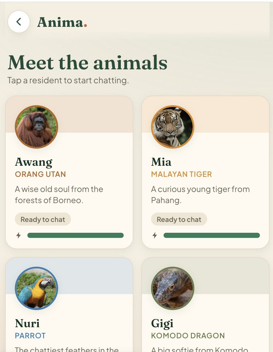 Anima on a phone, showing animal residents to chat with