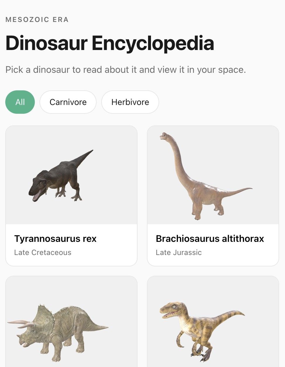 Dinosaur Encyclopedia on a phone, listing Tyrannosaurus rex and Brachiosaurus