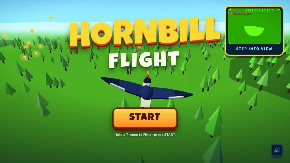 Hornbill Flight start screen: a low-poly hornbill flying over a green rainforest