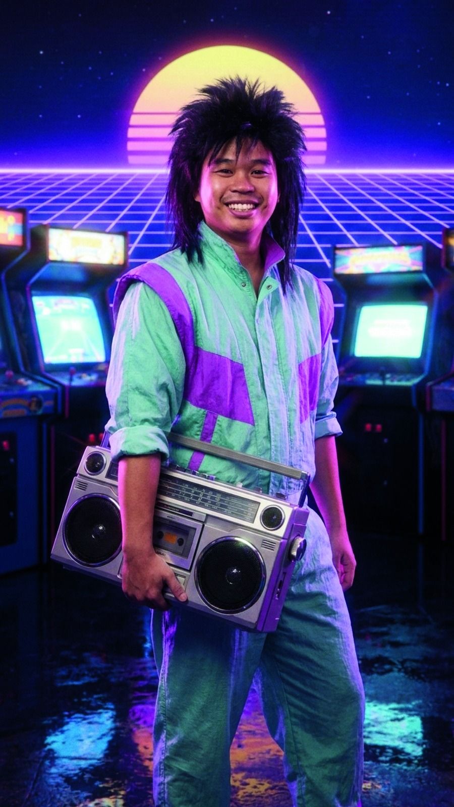 An AI-generated Superbooth portrait in a retro arcade style